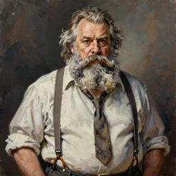 palette knife oil painting portrait of professor clay, middle - aged, thickset, barrel chest, arms like logs, an impressive, voluminous, salt - and - pepper beard. eyes are almost black, but they seem to smolder like embers. dress shirt and suspenders, sleeves rolled up and his tie loosened. extreme detail. any racial background, artstation trending, artgerm, deviant art, octane, substance, art history 8 k