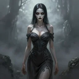 ultra realist and ultra intricate detailed character concept art of a beautiful slim but curvy muerte girl in a long dress, thin lustrous hair, symmetry features, sensual gloomy style, soft painting, volumetric light and fog,  fantasy background, artstation, Tom Bagshaw artstyle, unreal render