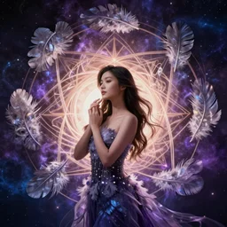 elegant beautiful young asian woman by irakli nadar, several layers of 3 d translucent feathers fractals radiating behind with sacred geometry, cosmic, natural, awakening, effervescent, warm, photo realistic, epic and cinematic, purple, deep blue, dark