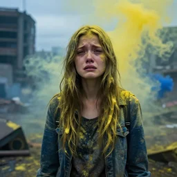 post apocalyptic city, crying girl covered in yellow and blue smoke