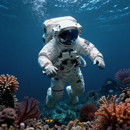 underwater photograph of an astronaut exploring deep ocean creatures, eerie