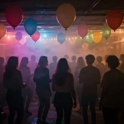 hazy basement party with baloons everywhere colroed lights and smokey atmosphere