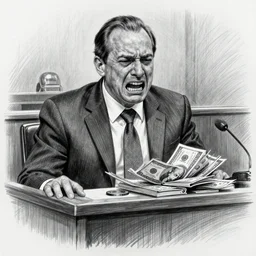 courtroom drawing of alex jones losing millions and millions of dollar, his face is filled with pain and impotent rage, professional pencil sketch