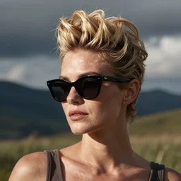 Jenny Brava. Blonde pompadour and sunglasses.