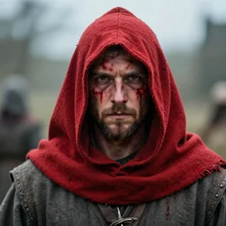 medieval man wearing a red sack over his head, bloody, looking at the camera, photograph