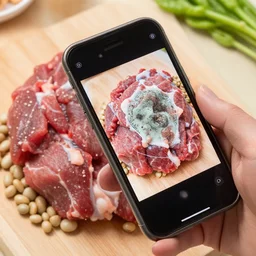 raw meat chunks raw beans, mold, android cell phone photo,