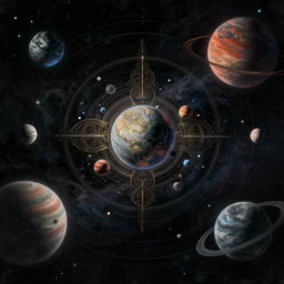 dark ancient astral projection of artificial intelligence,  space color scheme, planets in orbit, matte painting by Vincent Di Fate and Peter Elson, featured in artstation, octane render, cinematic, elegant, intricate, 8k