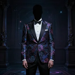 A faceless man in a tuxedo with a floral pattern standing in a dark room, fantasy portrait, cosmic horror concept art, 4k HD, trending on ArtStation