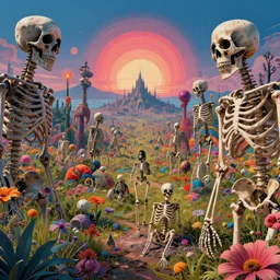 psychedelic landscape full of skeletons
