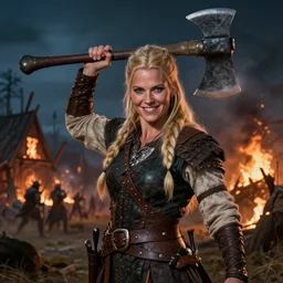 a detailed picture of a beautiful and tough looking blone viking woman, carrying a large axe above her head, smilking playfully, burning village in the background, night time raid, 8 k, artstation, fine detail, art by frank frazetta
