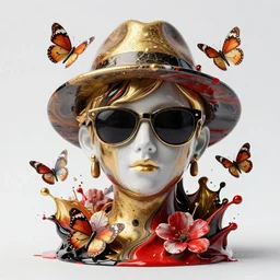 a fancy head fluid marble statue, wearing sunglasses and a hat and surrounded by butterflies flowers, multiple splashes of golden and red and black paint, high detail