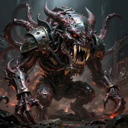 a biomech demon with massive fangs surrounded by horrific tendrils fused with metal panels, evil color scheme, dark fantasy, cinematic lighting, smooth, by furio tedeschi, digital painting, artstation, concept art