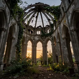 Wide angle photograph of the inside of an abandoned cathedral, with a broken roof and overgrown with vines and bushes, cinematic lighting, epic scene, dramatic lighting, evening light, sunset, golden hour, fuji velvia, Flickr, national geographic, taken by Daniel Kordan