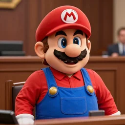 a closeup photorealistic photograph of elon musk dressed as mario from mario brothers courtroom cross examination. professional capture, well lit shot. this 4 k hd image is trending on artstation, featured on behance, well - rendered, extra crisp, features intricate detail, epic composition and the style of unreal engine.
