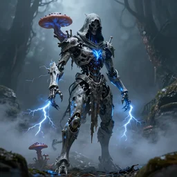 character design, biomechanical arcanist, tattered hood, fungi, blue lightning, mist, fog, scary, photorealistic, cinematic, hyper realistic, octane render, 8 k, wide angle
