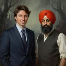 Justin Trudeau together with Jagmeet Singh in the american gothic painting, concept art, sharp focus, highly detailed digital painting by Grant Wood, artstation