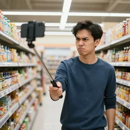 selfi stick photography of an annoying youtuber visiting a hard discount supermarket, highly detailed, photorealistic