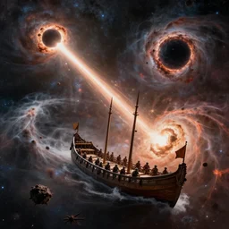 viking battle ship rowing through a nebula, several supernovae in the background, distant black hole ejecting a near light speed stream of matter across the scene