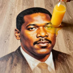 an orange juice spilled on the floor making a portrait of o j simpson