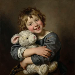 a kid squeeze hugging a plushy toy happily, oil painting, renaissance