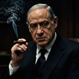 portrait of benjamin netanyahu as the godfather smoking a cigar, neo noir style, dramatic lighting, cinematic, dark, foreboding, establishing shot