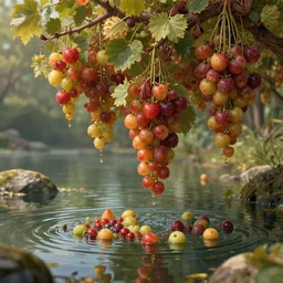 low hanging fruits over a pond, by james gurney, concept art, intricate, hyper detailed, volumetric lighting, sharp focus, octane render, trending on artstation, 8 k