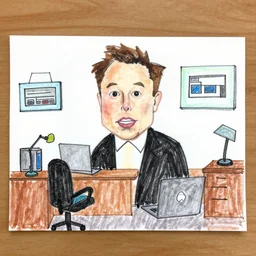 a kids drawing of elon musk in his office
