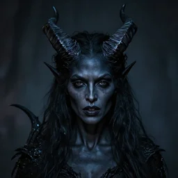 head and shoulders portrait of an evil, black - skinned, horned night hag portrayed by reba mcintyre, d & d, fantasy, luis royo, magali villeneuve, donato giancola, wlop, krenz cushart