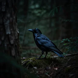 crow human, photograph captured in a dark forest