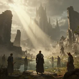 the ruins of a once great city, mist, sunrays, dust in the air, dnd character, unreal engine, octane render, dramatic lighting, pond, digital art, by stanley artgerm lau, greg rutkowski, thomas kindkade, alphonse mucha, loish, norman rockwell,