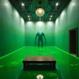 a room of green oil, water caustics, the creature is here, insanity, film still from the movie directed by denis villeneuve and david cronenberg with art direction by salvador dali and dr. seuss