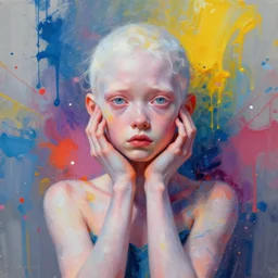 digital art, albino girl, face symmetry, nice pose, rule of thirds, eye symmetry, colourful oil spray water paint splatters, expressive, abstract art, by greg rutkowski, by jeremy mann, by francoise nielly, 4 k, 8 k, correct body proportion, cinematic color style, expressive sad face, young albino girl