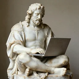 photo of a richly detailed sitting marble statue of a facepalming at his slow laptop on his lap by leonardo davinci