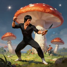 bruce lee as a mushroom fighting with nunchucks and star knives, dreamscape, digital painting, concept art, 8 k