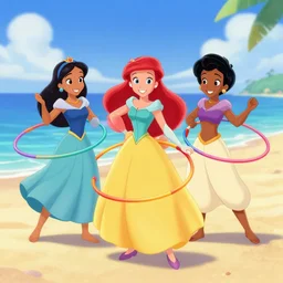 disney princesses raya, ariel, and tiana, all playing with hula hoops on the beach, disney style digital art, high quality, 4 k