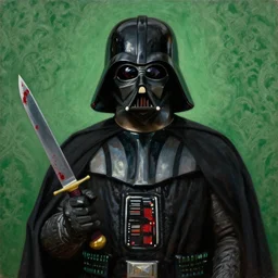 by 1 9 th century famous painter, portrait, darth vader, blood smear, knife, realism, realistic, oil painting, green wallpaper background