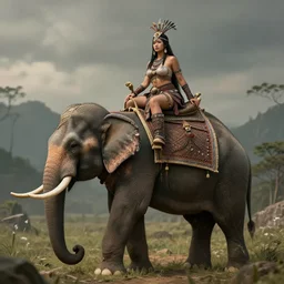 a wide full shot of curvy asian tribal armor girl sitting on a war elephant by daniel gerhartz, trending on art station