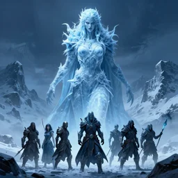 a giant vengeful ice revenant lady looming over five adventurers, in the snow mountains, high fantasy, monochromatic blue, smooth, sharp focus, high fantasy, horror, dnd, chiaroscuro, digital painting, by rossdraws, artstationhd