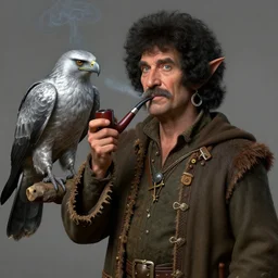 an ultra detailed matte painting of bob ross smoking a pipe and dressed as a wandering elf druid, silver hawk animal companion, d & d, fantasy concept art by alphonse mucha and greg rutkowski, octane render, 8 k, detailed face