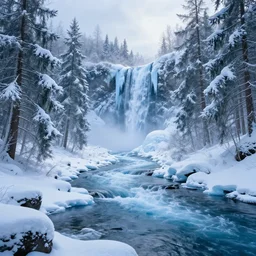 frozen river frozen waterfall snowy cedar trees, Game of Thrones, volumetric lighting, fantasy artwork, very beautiful scenery, very realistic painting effect, hd, hdr, cinematic 4k wallpaper, 8k, ultra detailed, high resolution, artstation