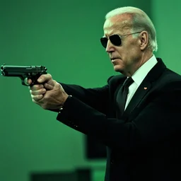 [ joe biden ] is [ agent smith ], the matrix movie, the matrix green green color grade, film still, key frame, dialogue scene, [ holding gun in hand ], ( sunglasses ), [ [ ear piece ] ], [ [ [ black tie ] ] ]