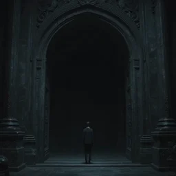 gazing through the ominous dark etherial gate to the pitch black void, dark midnight, quiet and serene atmosphere, intricate high detail masterpiece