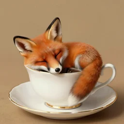 A tiny fox sleeping in a teacup, close angle, matte painting, 1930,