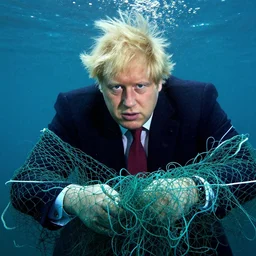 photo of boris johnson underwater tangled in fishing net