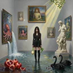 painting of a flooded art gallery with paintings on the wall, emo girl holding a turnip and wearing long black boots, pomegranates, octopus, waterfall, stone sculpture by rodin, zen, rays of sunlight, black swans, berries, surrealist, by magritte and monet