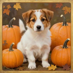 a cute long haired jack russell puppy, white with brown spots and a brown patch over each eye, amidst piles of pumpkins. halloween autumn fall art. beautiful painting by alphonse mucha and artgerm and greg rutkowski