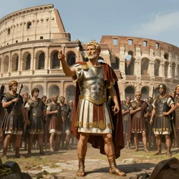 Julius Caesar speech to a militar parade in front of the Roma’s colliseum at the kingdom of Julius Caesar, roman historic works in brand new condition, not ruins, hyper-detailed, artstation trending, world renowned artists, historic artworks society, antique renewel, good contrast, realistic color ,cgsociety, by greg rutkowski,gustave dore, Deviantart