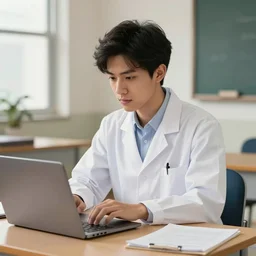 a beautiful artwork of a young male scientist with black hair and white shirt sitting at a desk with a laptop by Jerome Opeña, featured on artstation