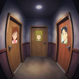 dimly lit, theater access corridor background, 3 doors, day of the tentacle style, fish eye, by Makoto Shinkai and Peter Chan, by studio trigger, rossdraws, ambient occlusion, clean lineart and color, vibrant
