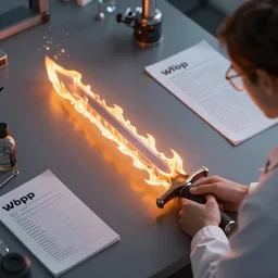 scientific photos of a flame sword on a table researcher notes tags digital painting trending on artstation by wlop octane render